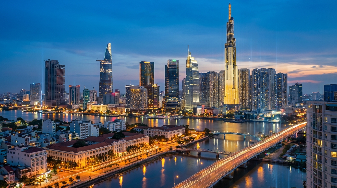 Ho Chi Minh City skyline at twilight with Landmark 81 and Bitexco Financial Tower