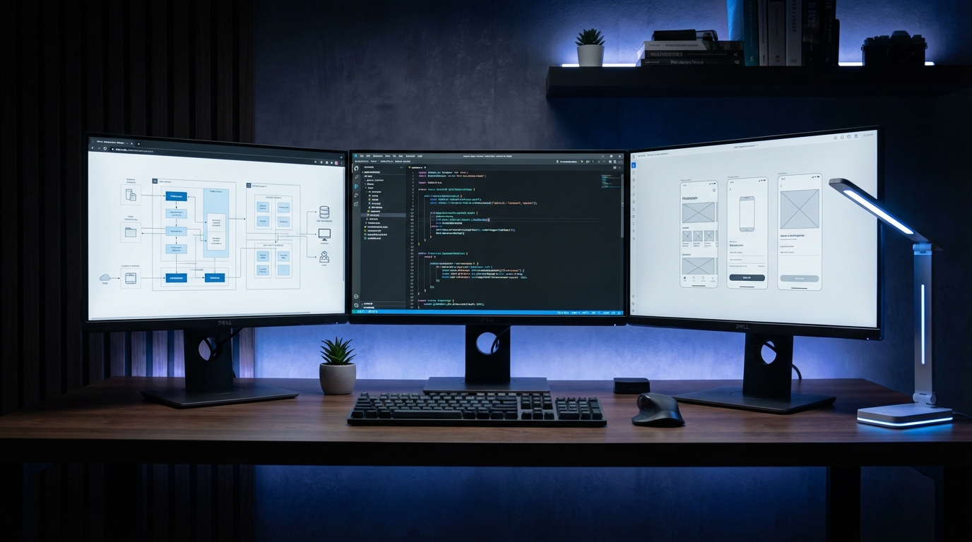 Modern software development workspace with multiple monitors showing clean code and architecture diagrams