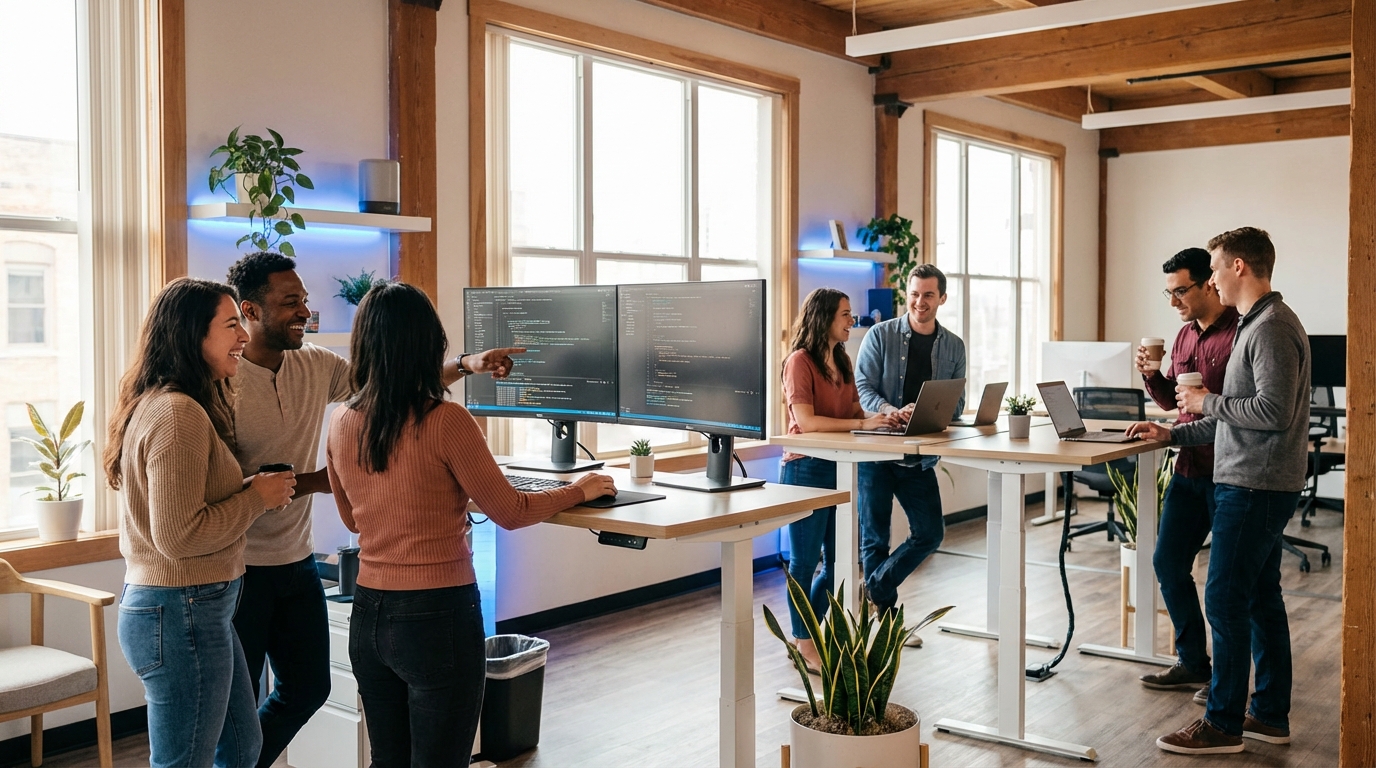 Software engineering team collaborating in a modern office with multiple monitors and whiteboard